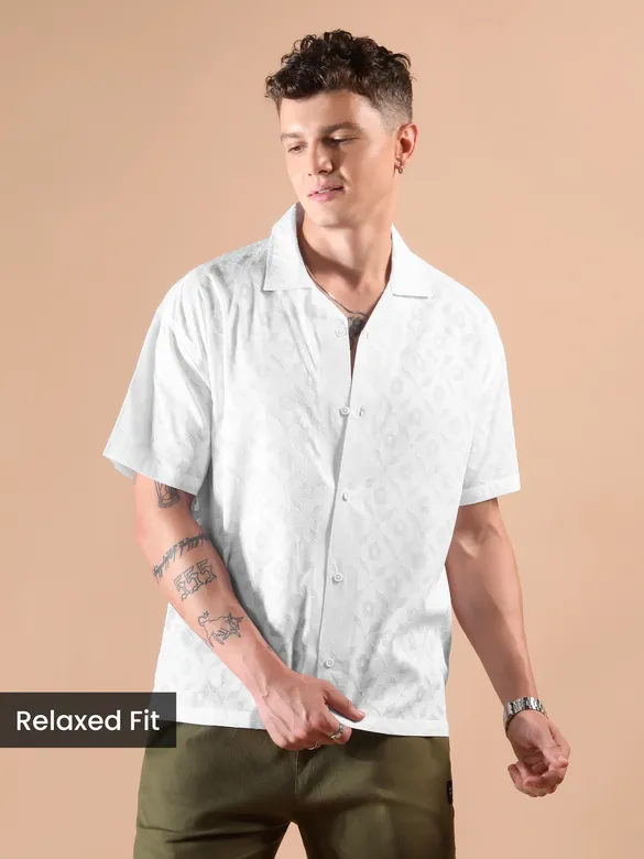 White Cutwork Jacquard Cuban Shirt